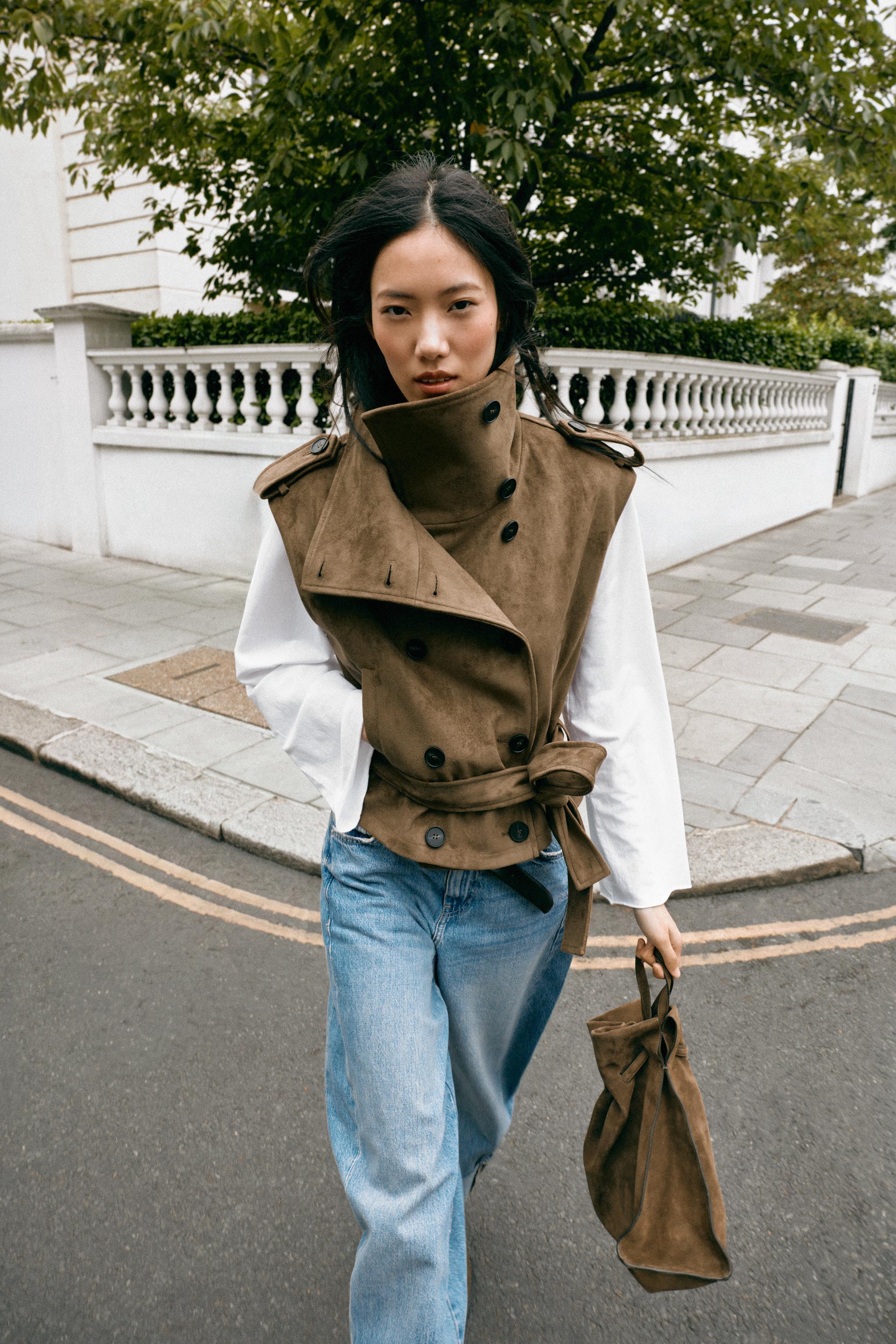 FAUX SUEDE BELTED VEST — Khaki