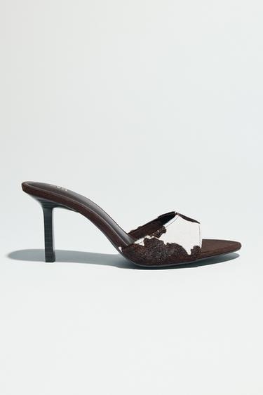 Zara ANIMAL PRINT LEATHER HEELED SANDALS - Multi-color