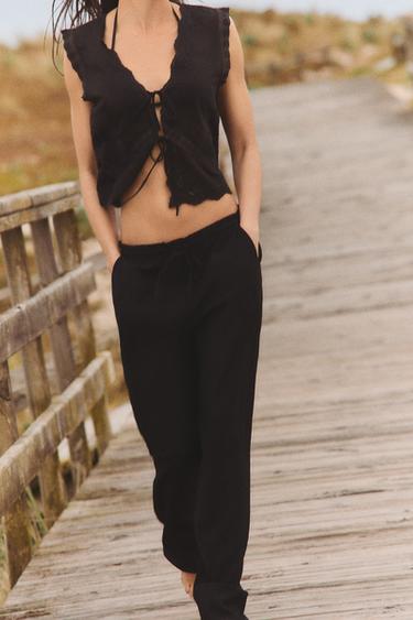 Zara TEXTURED WEAVE PANTS - Black