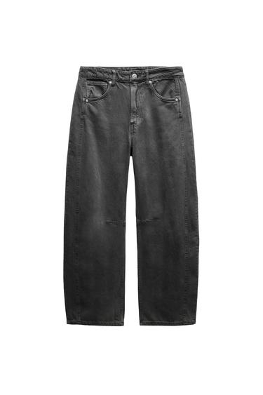 Front view of wide-leg grey trousers with front pockets and button fastening.