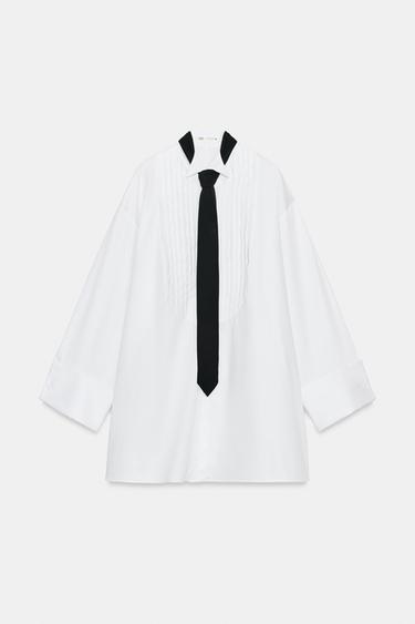 قميص OVERSIZE بربطة عنق ZW COLLECTION LIMITED EDITION - أبيض الخاص بـ Zara