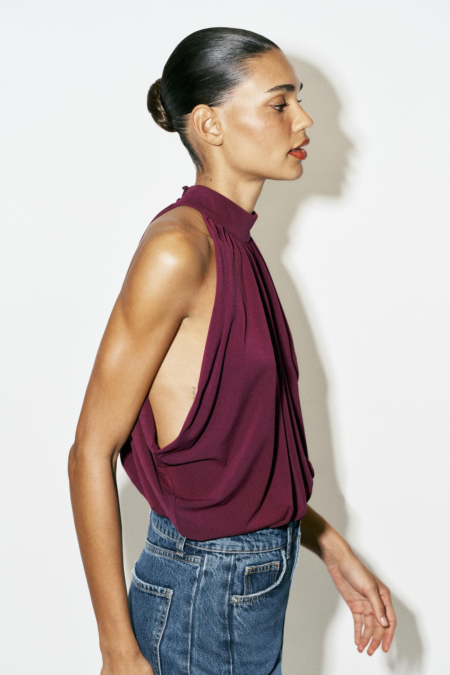 Боди Balloon, завязка на шее — Zara, цвет: Баклажановый — фото 4