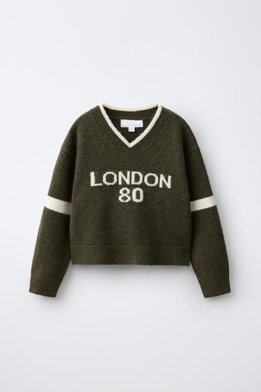 Zara TEXT DETAIL KNIT SWEATER - Khaki
