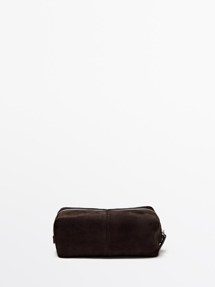 Split Suede Leather Toiletry Bag — Brown