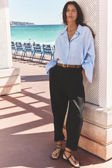 PANTALON RECTO CON LINO CINTURÓN - Negro de Zara