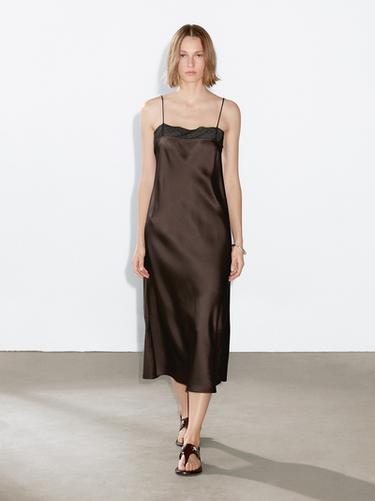 Zara Flowing midi dress with lace detail - Chocolate
