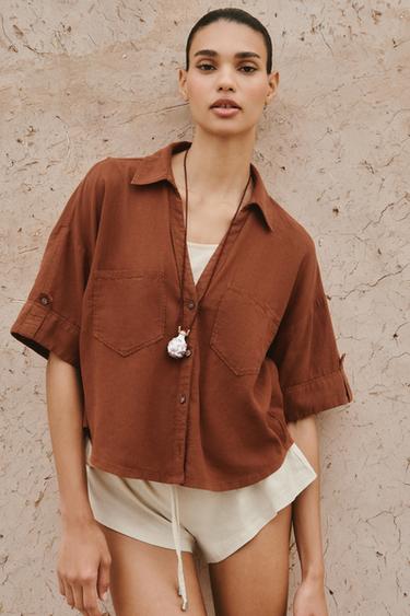 Zara SHORT SLEEVE LINEN BLEND SHIRT - Terracotta