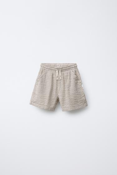 Zara TEXTURED GINGHAM SHORTS - Ecru / Beige
