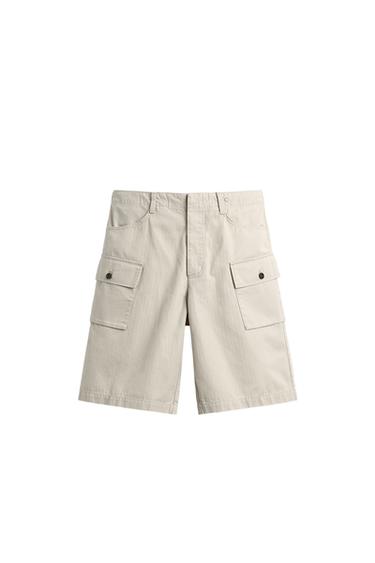 REGULAR FIT HERRINGBONE CARGO BERMUDA SHORTS - Sand by Zara