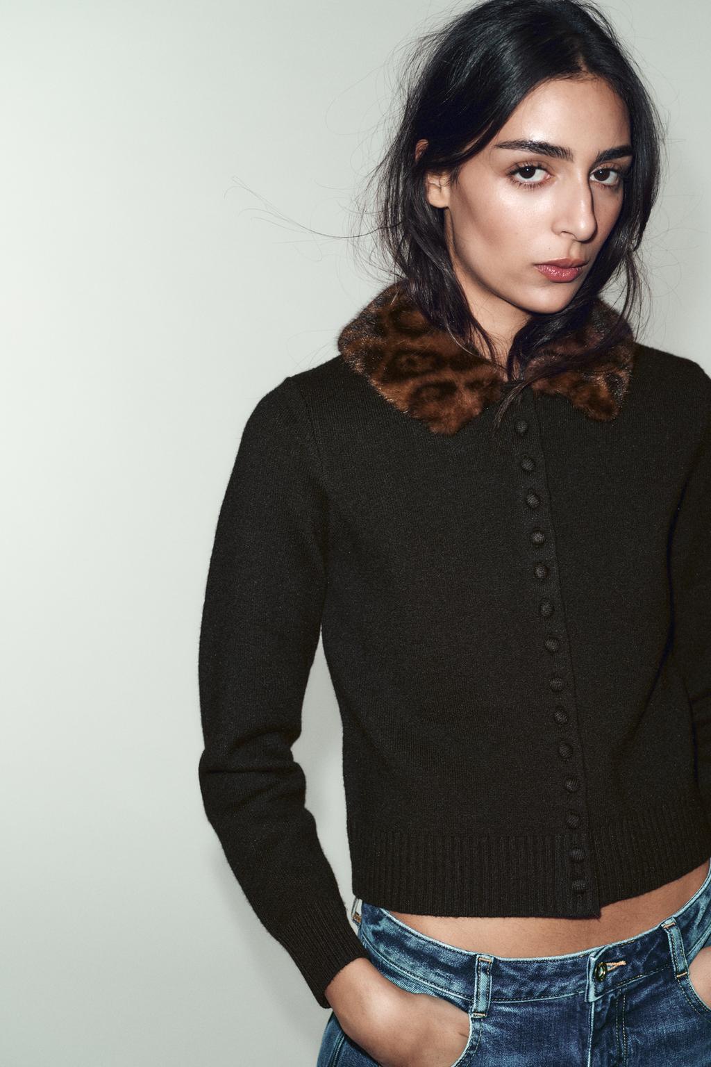 FAUX FUR COLLAR CARDIGAN
