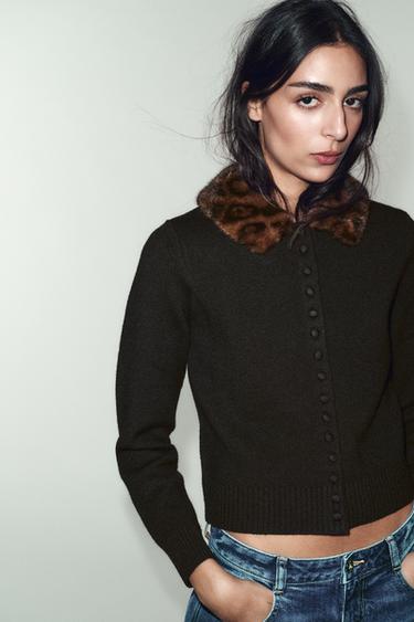 Zara 人造皮草翻領針織開襟衫 - 黑色