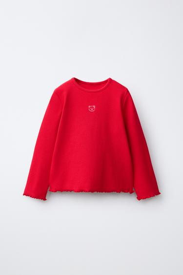 Zara EMBROIDERED RIBBED T-SHIRT - Red
