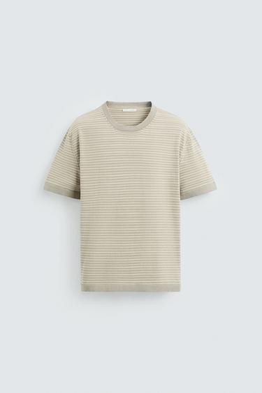 Zara STRIPED COTTON LINEN KNIT T-SHIRT - Gray / Beige