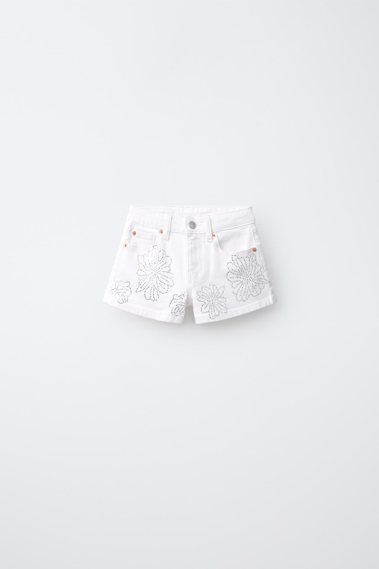 FLORAL RHINESTONE DENIM SHORTS — White