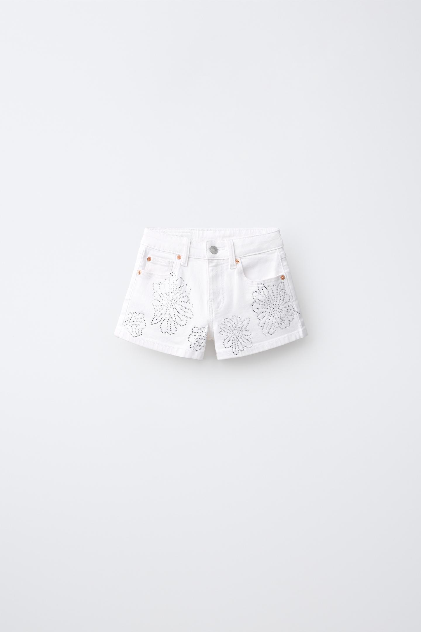 Детские шорты Zara Floral Rhinestone Denim Shorts, цвет: Белый — фото 1