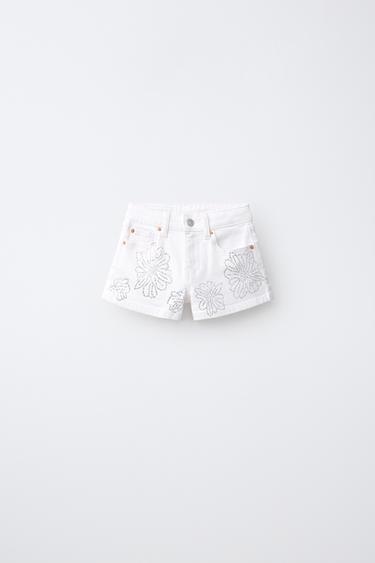 FLORAL RHINESTONE DENIM SHORTS — White 1
