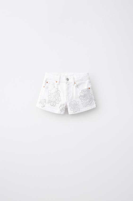 DENIM BERMUDA SHORTS WITH RHINESTONE FLOWERS - White by Zara - Image 0