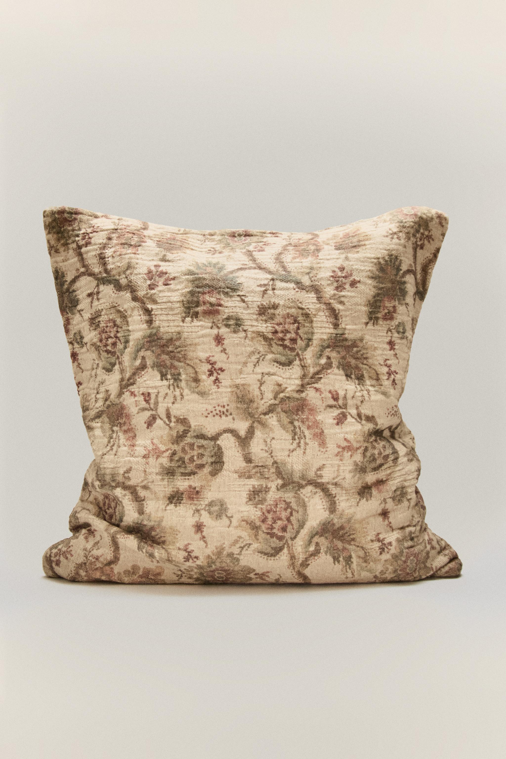 COTTON LINEN FLORAL THROW PILLOW COVER
