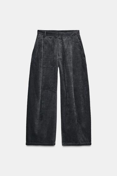 Zara ZW COLLECTION WIDE LEG CORDUROY PLEATED PANTS - Petrol blue