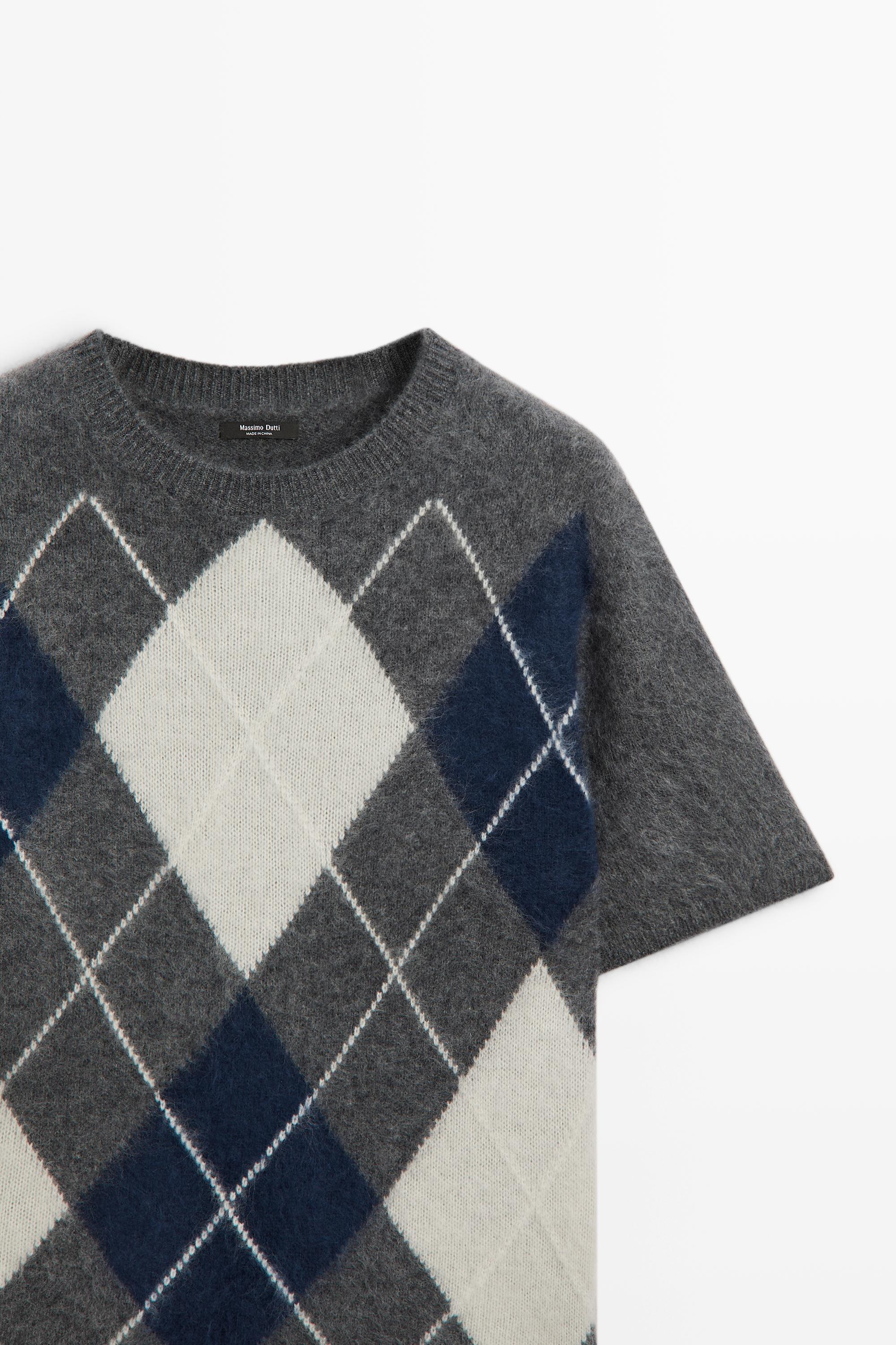 Wool cashmere argyle short sleeve knit sweater