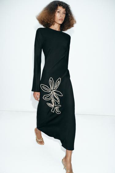 CONTRAST FLORAL MIDI DRESS - Black by Zara