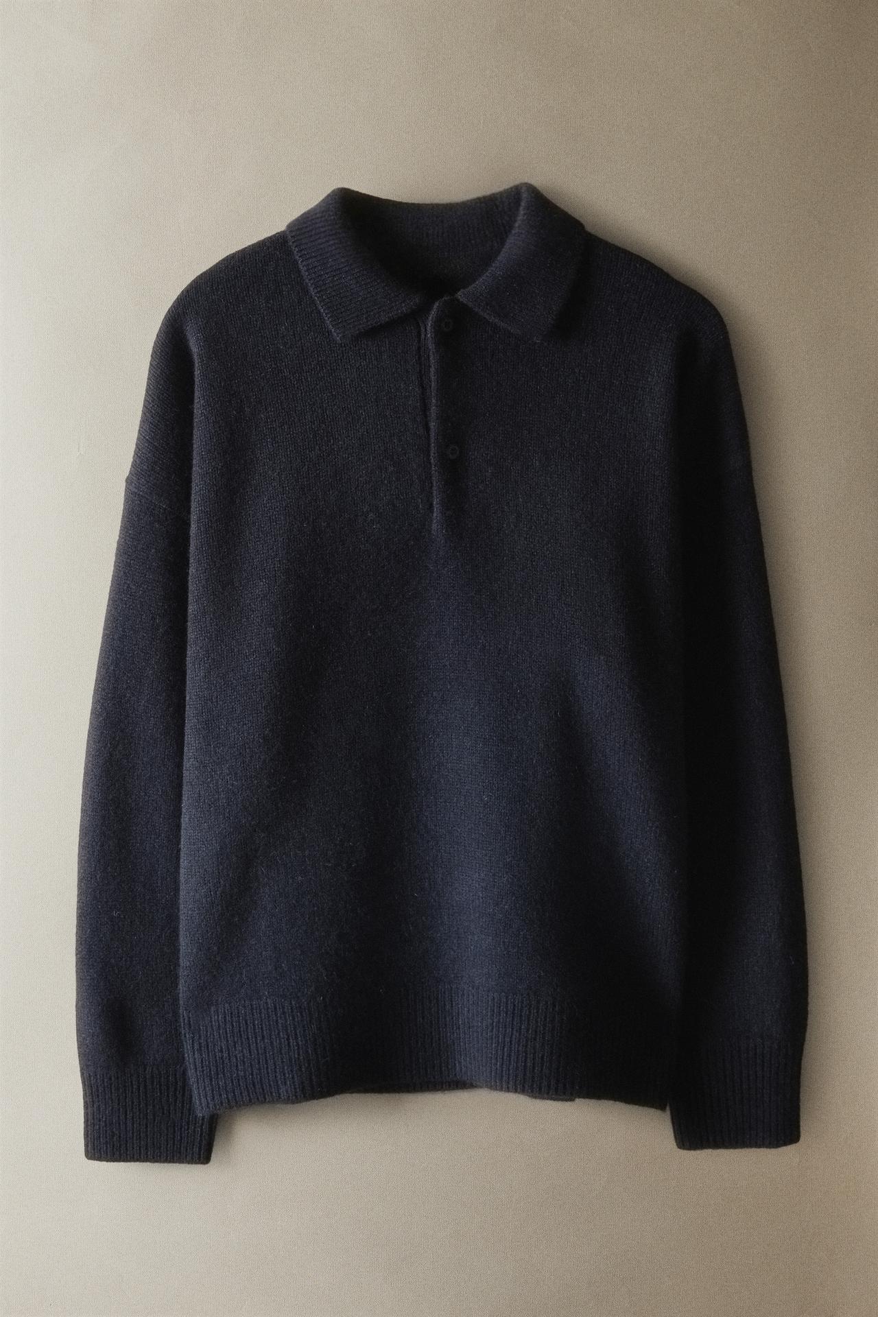 SOLID CASHMERE POLO SWEATER — Blue