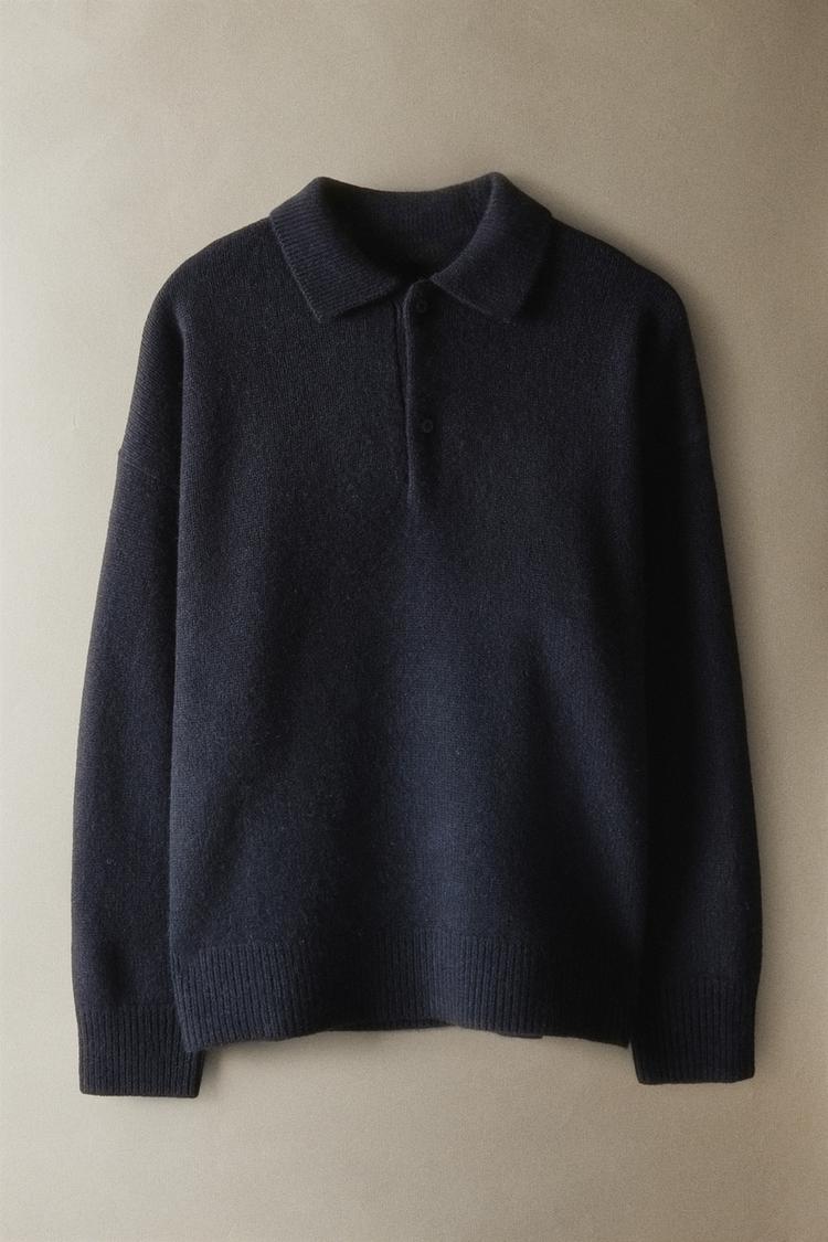 SOLID CASHMERE POLO SWEATER — Blue