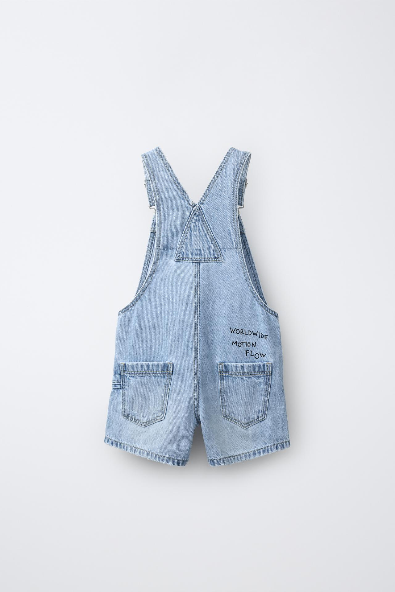 DISTRESSED DENIM SHORT OVERALLS — Light blue