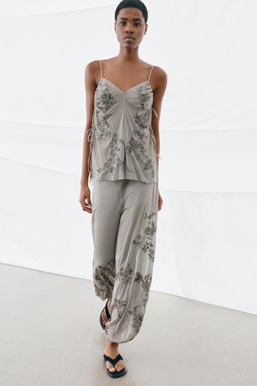 Zara EMBROIDERED BLOOMER PANTS - Light gray