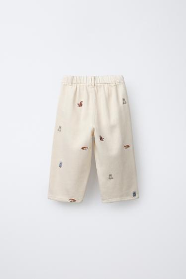 EMBROIDERED ANIMAL SOFT-TOUCH BAGGY TROUSERS - Ecru by Zara - Image 1