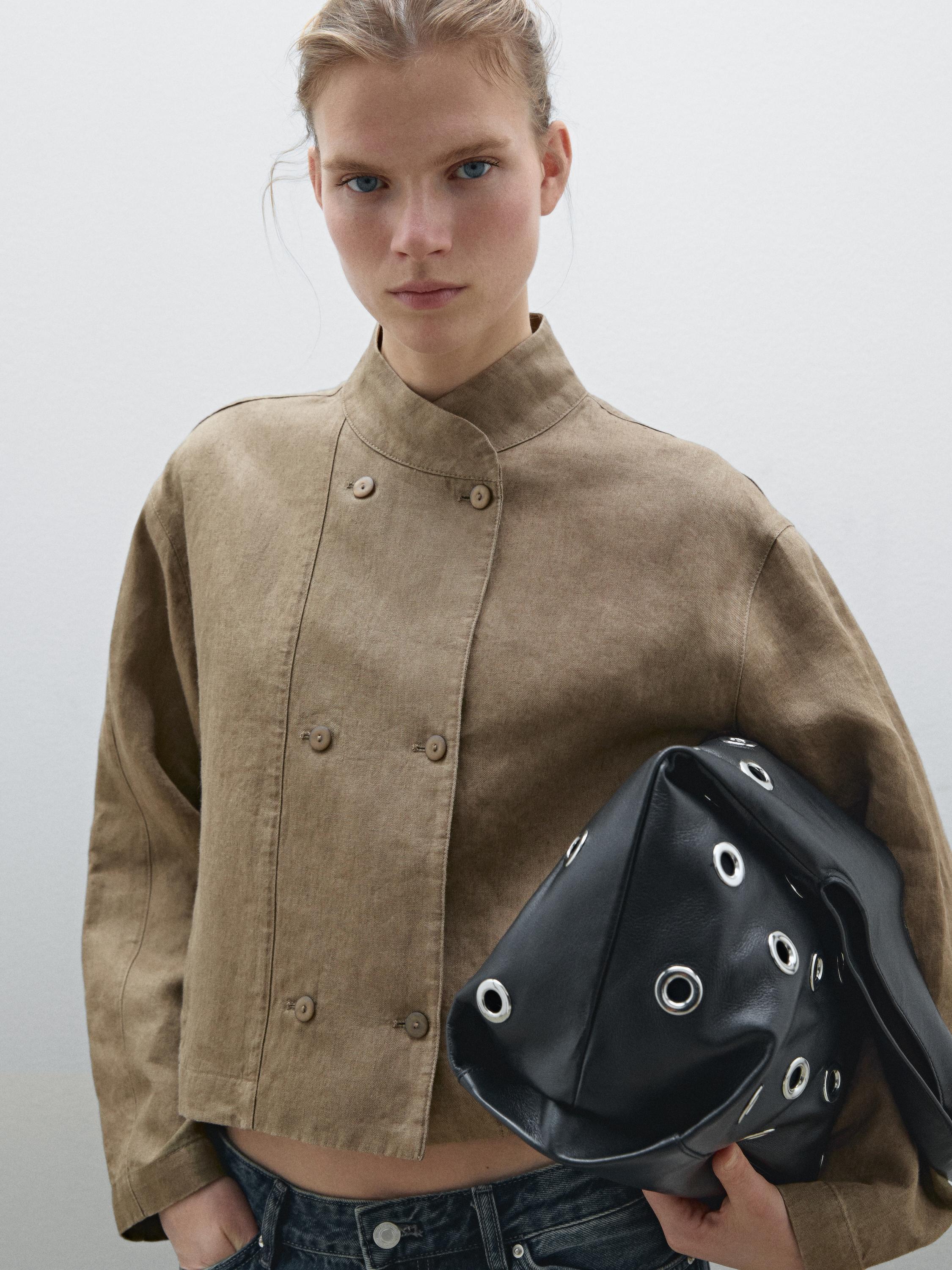 100% linen crossover bomber jacket - Brown | ZARA United States