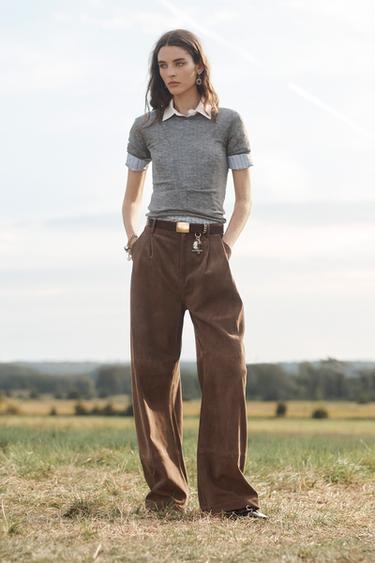 Zara 100% SUEDE PLEATED PANTS LIMITED EDITION - Brown / Taupe