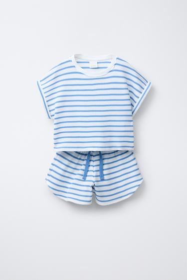 Zara WAFFLE T-SHIRT AND BERMUDA SET - striped