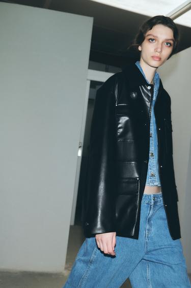 FAUX LEATHER OVERSHIRT WITH CONTRAST COLLAR - Black by Zara - Image 0