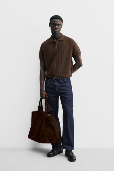 Zara TEXTURED KNIT POLO SHIRT - brown vigore