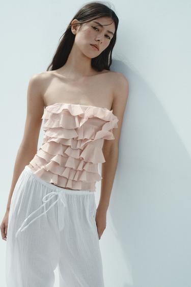 STROPLØS TOP MED FLÆSER - Beige pink fra Zara