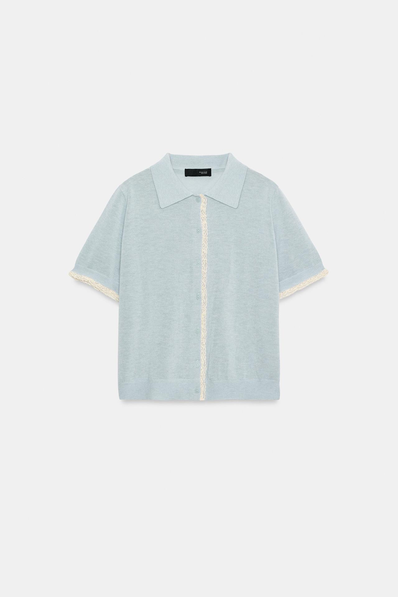 SHORT SLEEVE LACE TRIM CARDIGAN — Pastel blue