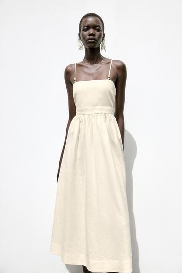 BEADED STRAPPY LINEN BLEND MIDI DRESS - Ecru by Zara - Image 2