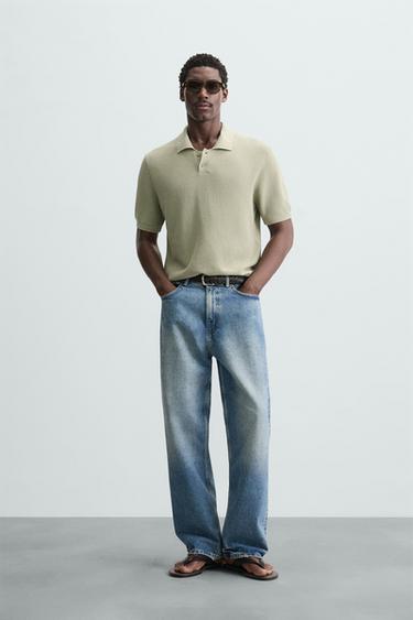 TEXTURED KNIT POLO SHIRT - washed green by Zara