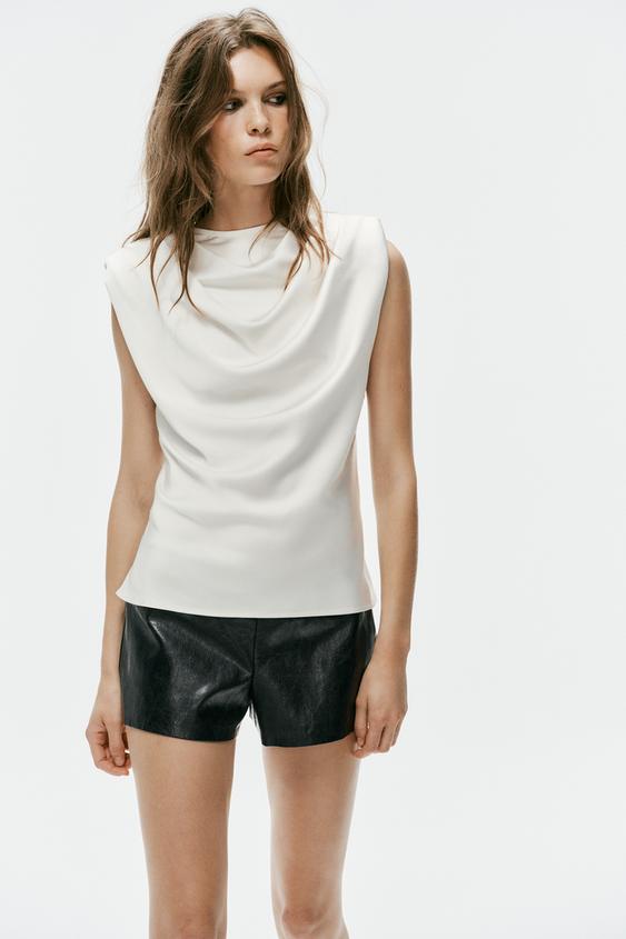 TOP SATINÉ ÉPAULETTES PLIS - Blanc cassé de Zara - Image 4
