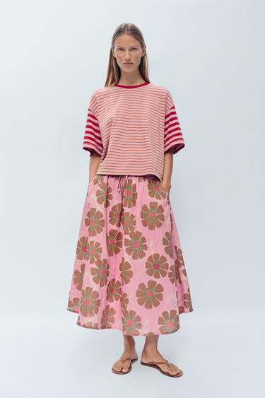 Zaras MEDELLÅNG BLOMMIG KJOL MED LINNE LIMITED EDITION - Mönster