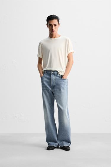 Zara 吊襠喇叭牛仔褲 - 淡藍色