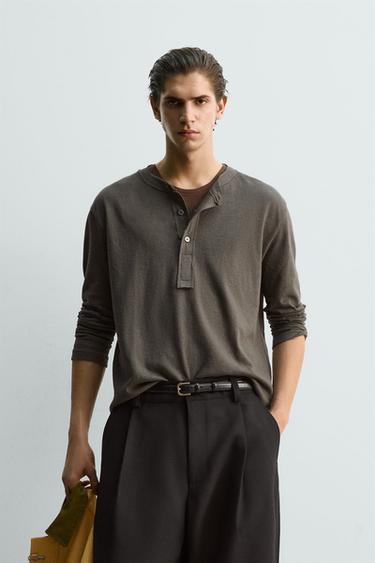 Zara RELAXED FIT HENLEY SHIRT - Olive green