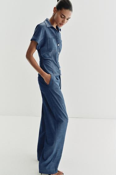 PANTALON LARGE À TAILLE CROISÉE - Bleu de Zara - Image 3