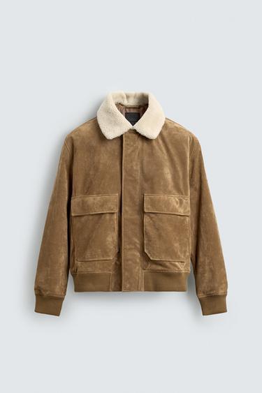 CAZADORA PIEL ANTE COMBINADO BORREGUILLO - Beige de Zara