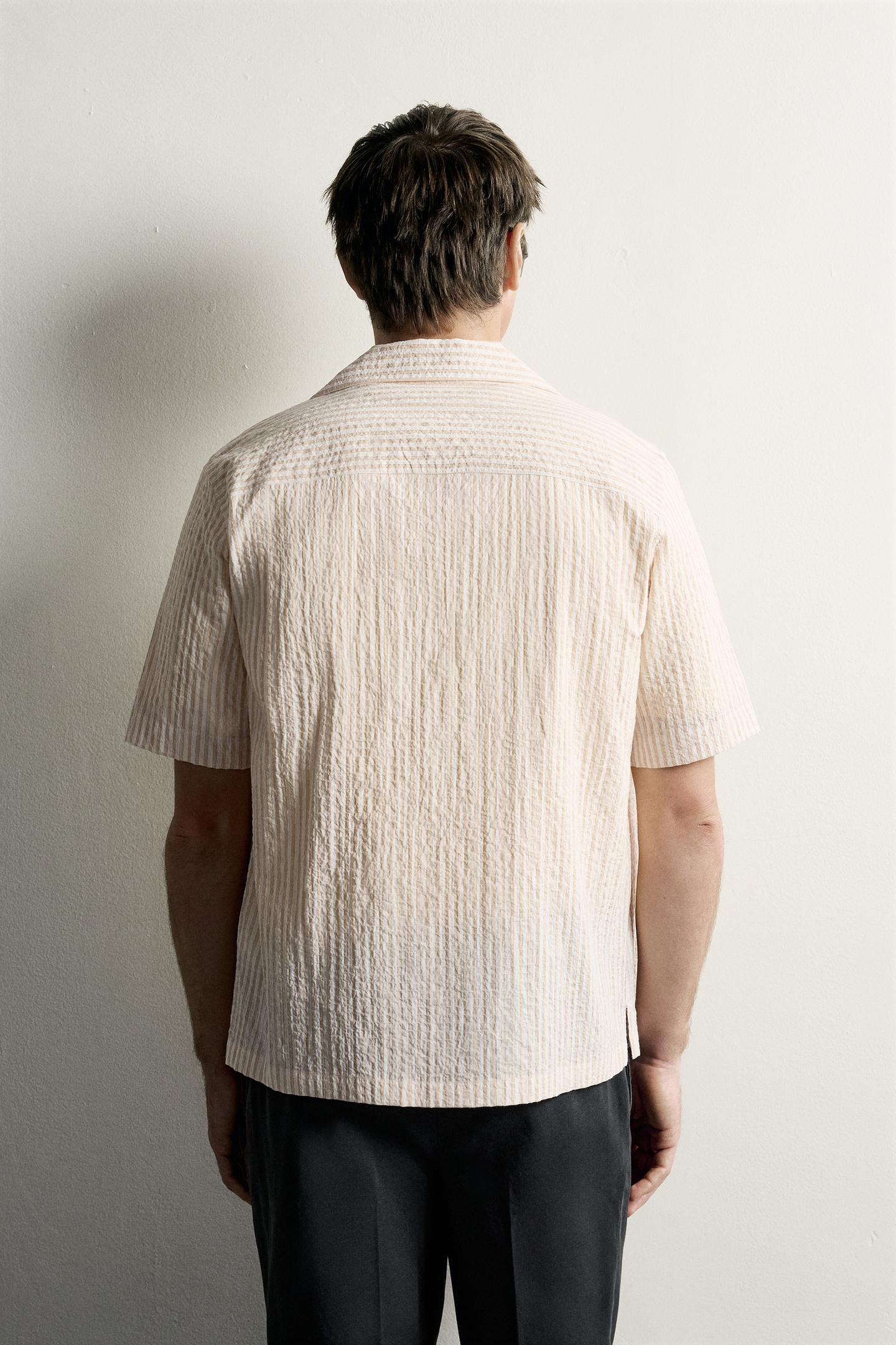 Мужская рубашка Zara Regular Fit Crinkled Striped, цвет: Жёлтый — фото 3