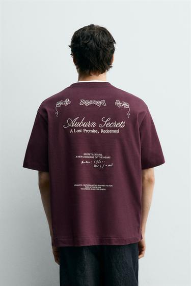 SLOGAN PRINT T-SHIRT - Burgundy by Zara - Image 2