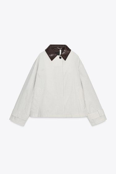 Zara ZW COLLECTION FAUX LEATHER COLLAR SHORT TRENCH COAT - Black / White - Image 0