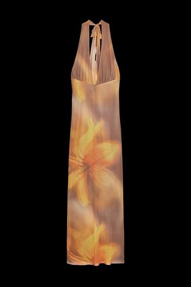 PRINTED TULLE HALTER MIDI DRESS - Khaki by Zara - Image 0