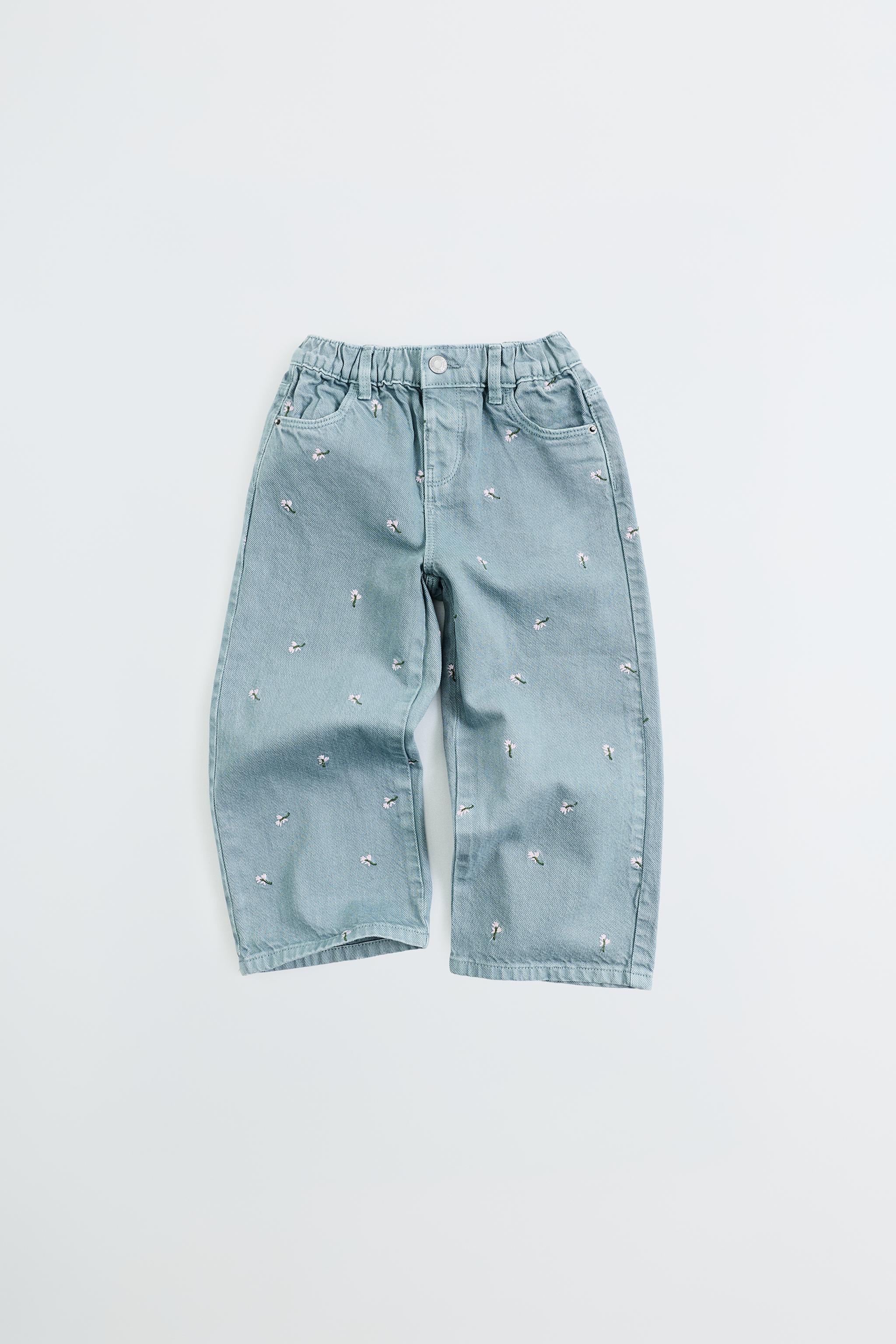 EMBROIDERED FLORAL TWILL CULOTTES — Light blue